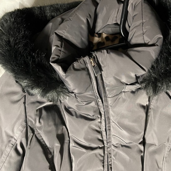 Calvin Klein hooded Trim Faux Fur puffy Coat Gray - Picture 10 of 16